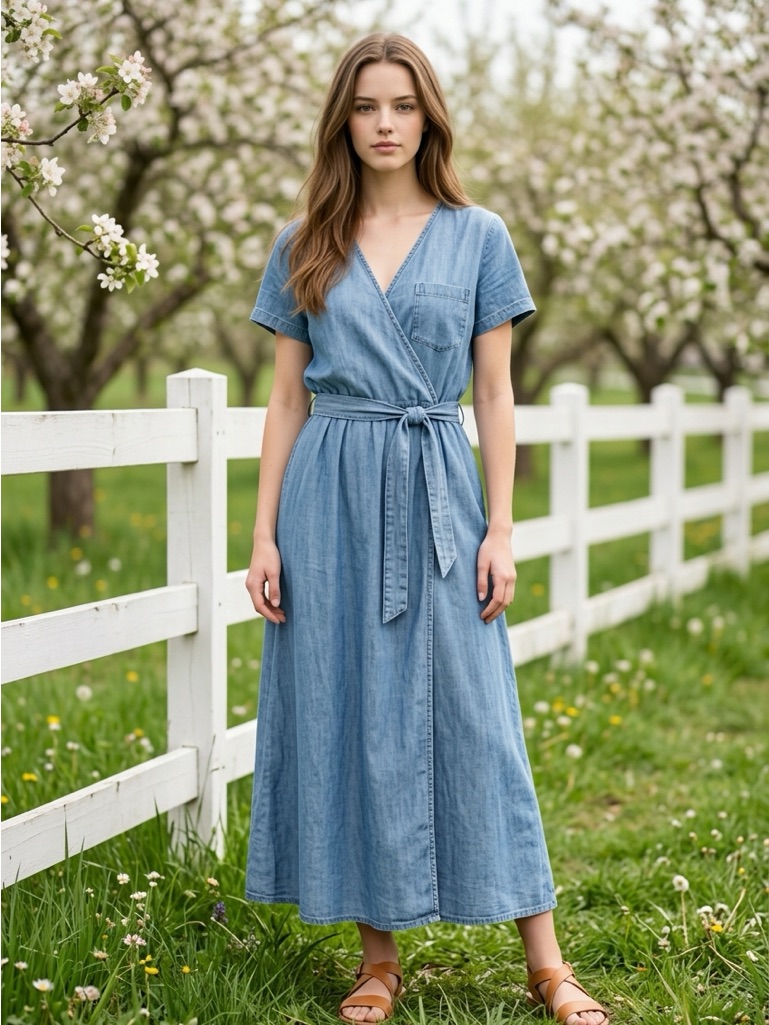Wash Lab Blue Part Linen Lightweight Boho Country Short Sleeve Tie Maxi Dress-L